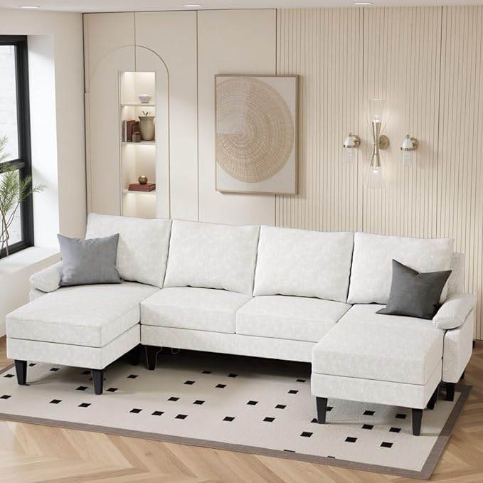 Sectional Couches for Living Room, Convertible 4 Seat Modular Sectional Sofa Set for Living Room, L Shaped Couch or U Shaped Couch with Ottoman for Apartment, White