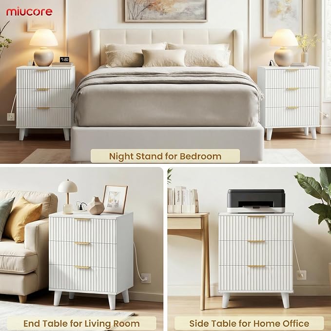 White Nightstand, 20 inch Fluted Modern Night Stand with Charging Station, Wooden Side Table with 3 Large Storage Drawers Modern Wood Bedside End Table for Bedroom Sofa Office - Image 6