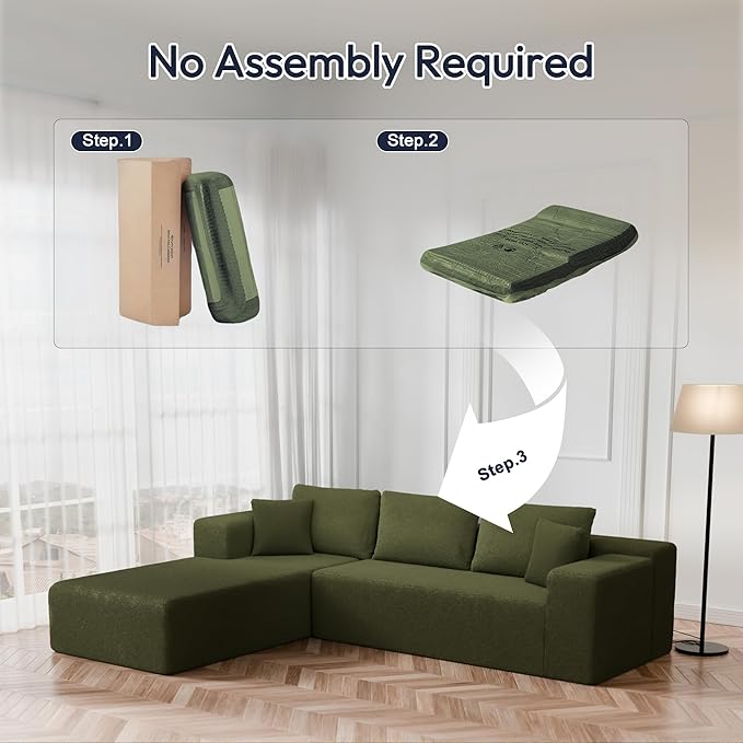 Cloud Sectional Couch, 105" Modular Sectional Sofa with Right Chaise Lounge, Modern Modular L-Shape Sofa with Pillows & Deep Seat, Wool Fabric Boneless Couches for Living Room Bedroom, Green