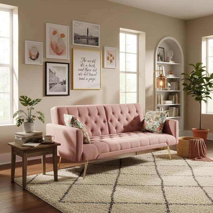 Futon Sofa Bed, Convertible Futon Couch with Adjustable Backrest, 68.31” Folding Sofa Bed with 2 Pillows & Metal Legs, Sleeper Loveseat with Armrest for Home Office, Pink