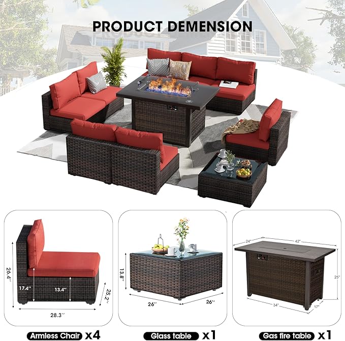 Patio Furniture Set with Fire Pit Table 10 Piece All Weather PE Rattan Outdoor Sectional Sofa Couch with 8 x armless sofa, No-Slip Cushions and Glass Top Table for Garden, Poolside, Backyard (Red)