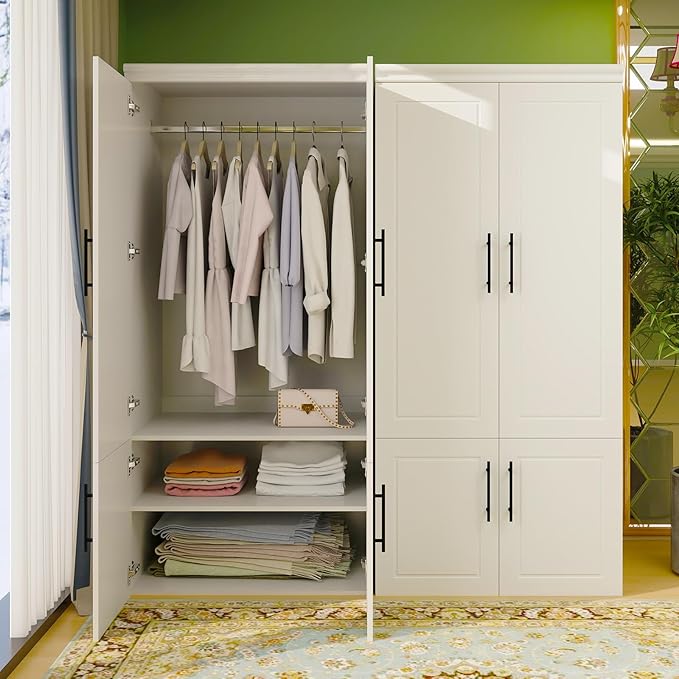 Wooden Armoire Wardrobe Closet with 4 Door, Bedroom Armoire Storage Cabinet, Modern White Armoire Wardrobe Closet with Shelves and Hanging Rod for Bedroom