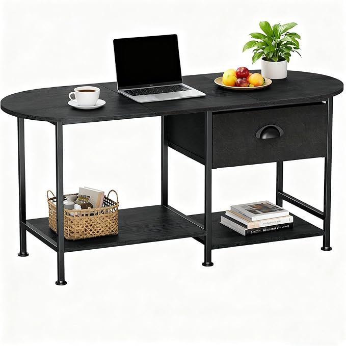37" Oval Small Coffee Table with Storage,Modern Wood Living Room Center Table for Small Space,Apartment,Home Office,Drawer & Open Shelves,Easy Assembly,Black