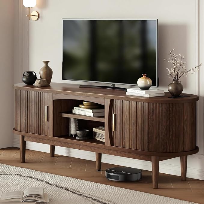Decofy Mid Century TV Stand for TVs up to 65 Inches, Entertainment Center with Storage, Power Outlet, Fluted Sliding Doors & Adjustable Shelves, Modern Media TV Console Table for Living Room (Walnut) - Image 7