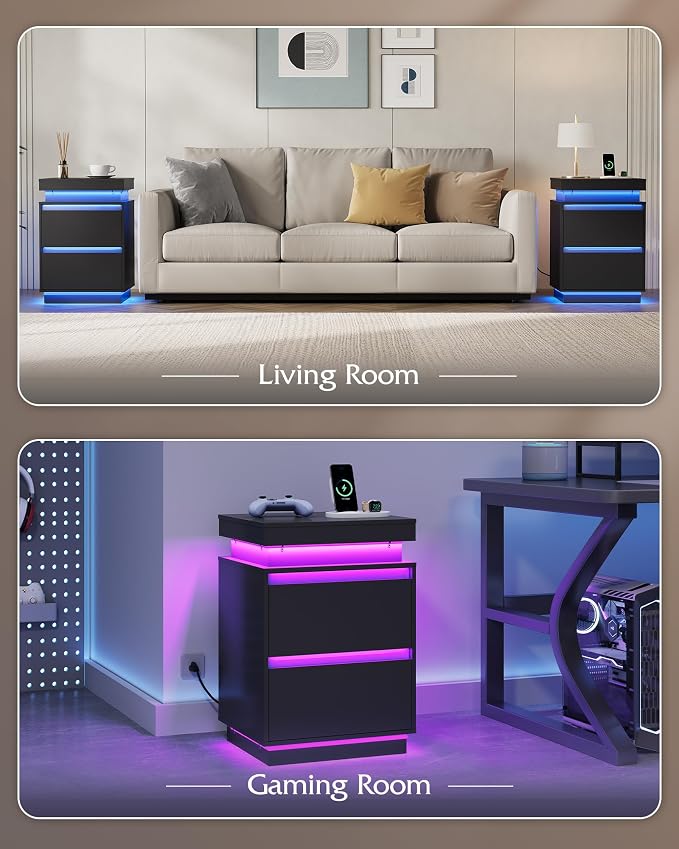 WLIVE Tall Black Nightstand with LED Lights and Charging Station, Modern Night Stand Bedside Table with 2 Wooden Drawers and Sliding Top, End Side Table for Bedroom, Living Room, Office - Image 8