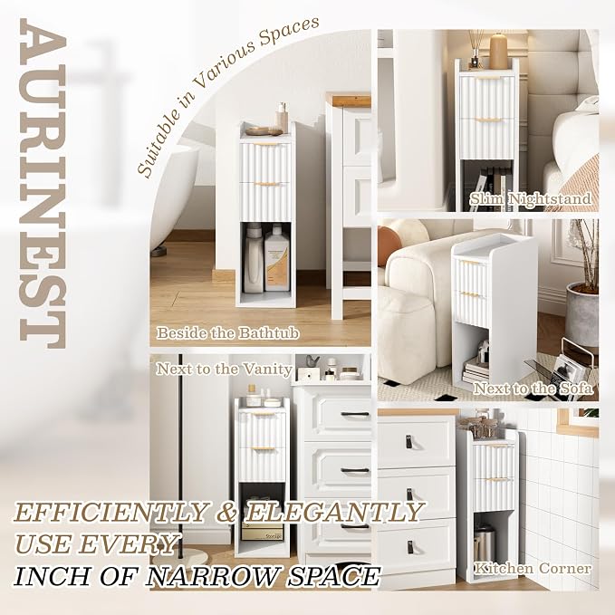 Narrow Nightstand Set of 2, 7.9" Wood Nightstands w/Fluted 2 Drawer, Slim Bed Side End Table Small Spaces Modern Skinny Wooden Night Stand for Bedroom, Living Room, White - Image 9