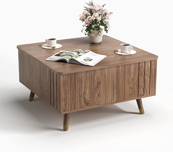 32" Square Lift Top Coffee Table with Storage, Mid Century Modern Walnut Center Table with Rising Desktop for Living Room, Brown Wood Finish
