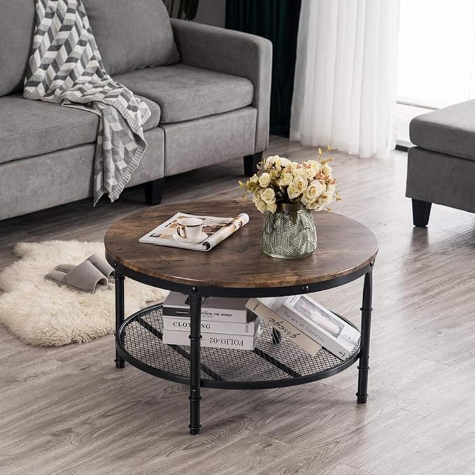 VINGLI Round Coffee Table with Storage - 31.5" Rustic Farmhouse Design, Industrial Style with Metal Shelf