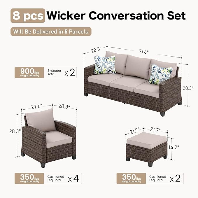 Patio Furniture Set Outdoor Furniture Brown Wicker Rattan Patio Conversation Sets with Cushion Outside Sofa Set,8 Pieces 12 Seats,Beige