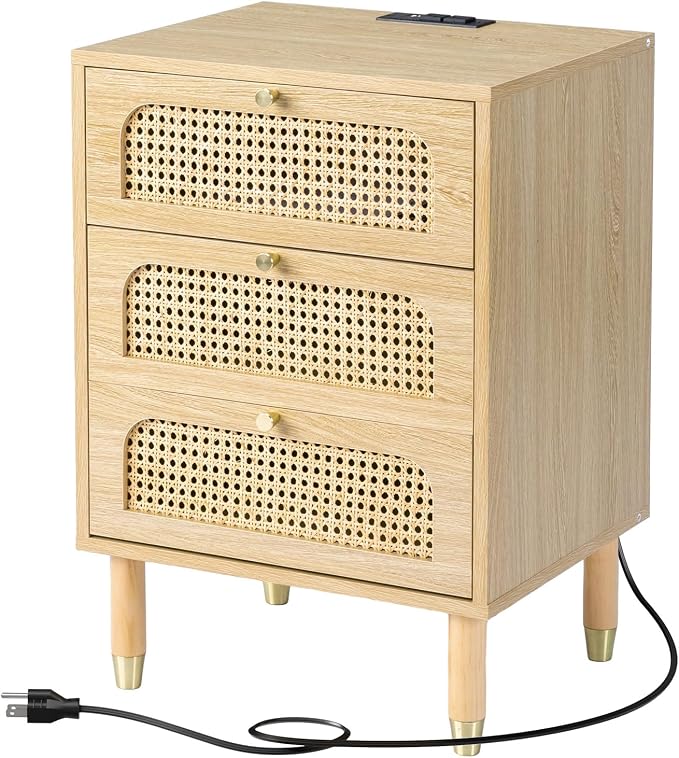 VINGLI Rattan Nightstand, 3 Drawer Nightstand for Bedroom, Boho Furniture Bedroom, 27" Tall Night Stand/End Table with Charging Station, Oak - Image 9