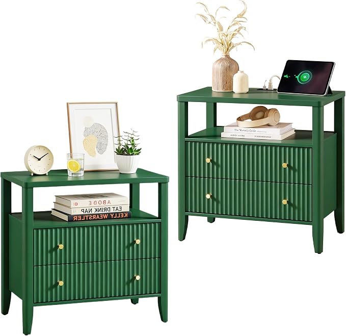Fluted Nightstand with Charging Station Set of 2, 27.3" Tall Modern Bedside Table with 2 Drawers & Open Shelf, Large Wide Wood End Table with Storage & Metal Handle for Bedroom, Green - Image 7