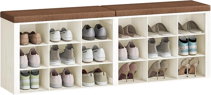 Hzuaneri Shoe Storage Bench with Cushion, Entryway Storage Bench with 18 Cubbies, 9.5" Widened Organizer Cabinet, Long Cubby Rack for Living Room, Bedroom, Entryway, White and Brown SB25714KA - Image 9