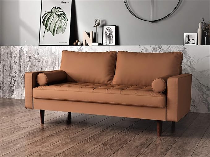 Womble Mid Century Modern Couch with Bolster Pillows, PU Leather Upholstered Tufted Seat, Versatile Retro Design for Comfortable Living Spaces, Loveseat, Sofa, Coffee Brown