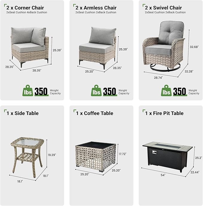9 Pcs Patio Furniture with Fire Pit Table, Outdoor Rattan Wicker Conversation Set with Glowing Coffee Table, Comfy Sectional Sofa for Porch Balcony Backyard Pool, Grey