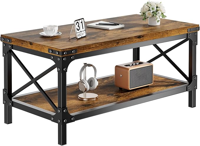 Rectangle Coffee Tables for Living Room, Wood Rectangular Coffee Table, 2 Tier Industrial Modern Center Table with Thickened Tabletop and Metal Frame, 40 inch Long (Rustic Brown)