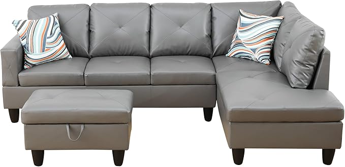 FONTOI L Shaped Sectional Couch with Otttoman, 97" Leather Sectional Sofa for Living Room Modular Couches with Cup Holders for Bedroom, Apartments, Dark Grey