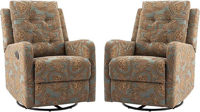 HULALA Home Recliner Chair Set of 2, Modern Printed Fabric for Living Room, Rocker Recliner Sofa Comfy Armchair 360 Degree Swivel, Nursery Rocking Chairs with Adjustable Backrest & Footrest/Teal