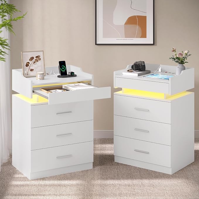 HAUOMS LED Nightstand with Charging Station,Night Stand with Pull-Out Shelf,Bedside Table with Drawers,Modern End Table Side Table Storage Cabniet,White - Image 8