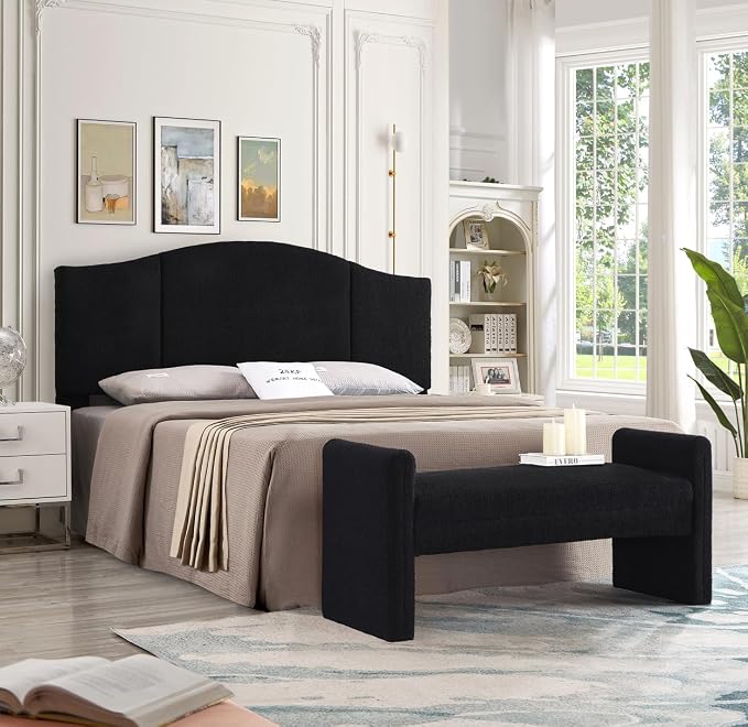 24KF Modern Upholstered Bed Bench Covered with Soft Boucle Teddy Fabric, Lovely Entryway Bench Ottoman with Armrest, 5062-Black - Image 9
