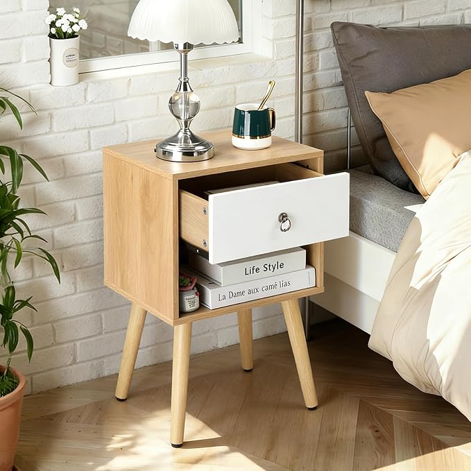 Bonnlo Nightstand Set of 2, Modern Bedside Table with Drawer Open Shelf, End Table with Solid Wood Legs for Bedroom, Oak - Image 7