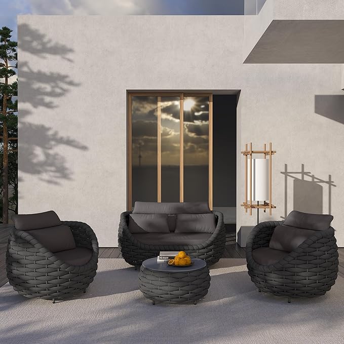 TWT 6 Pieces Patio Furniture Set Outdoor Rope Conversation Sectional Patio Sofa with 6 Seater for Backyard, Porch, Modern Armchairs with Thickness Cushions and Side Table, Dark Grey