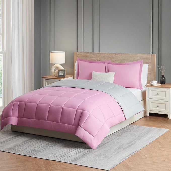 Nestl Comforter Duvet Insert 2 Piece, Quilted Down Alternative Comforter Twin XL Size with 1 Pillow Sham, All Season Pink/Light Grey Comforter Twin XL Duvet Inserts, Twin XL Comforter with Corner Tabs
