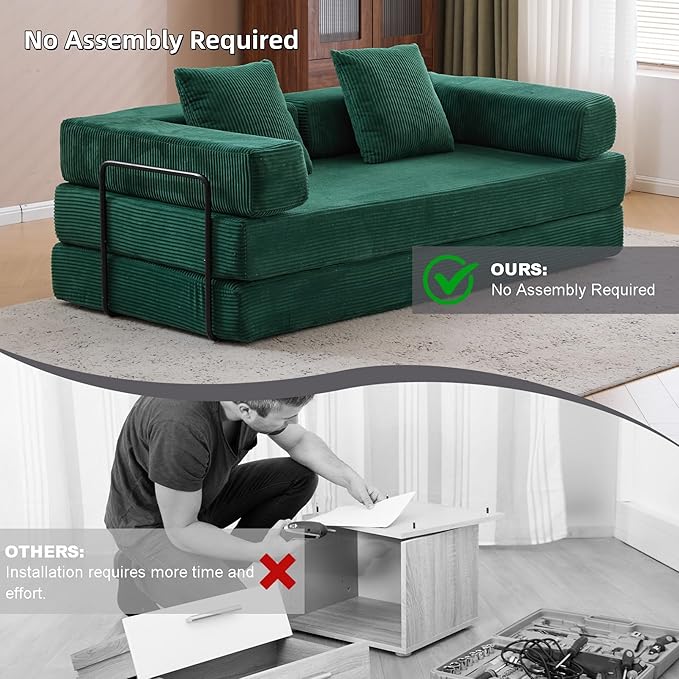 Convertible Floor Sofa Bed, Fold Out Floor Couch with Pillow Back & Armrest, Compressed Couch with Fixed-Shape Frame, Corduroy Foldable Sleeper Sofa Bed for Living Room Bedroom, Dark Green