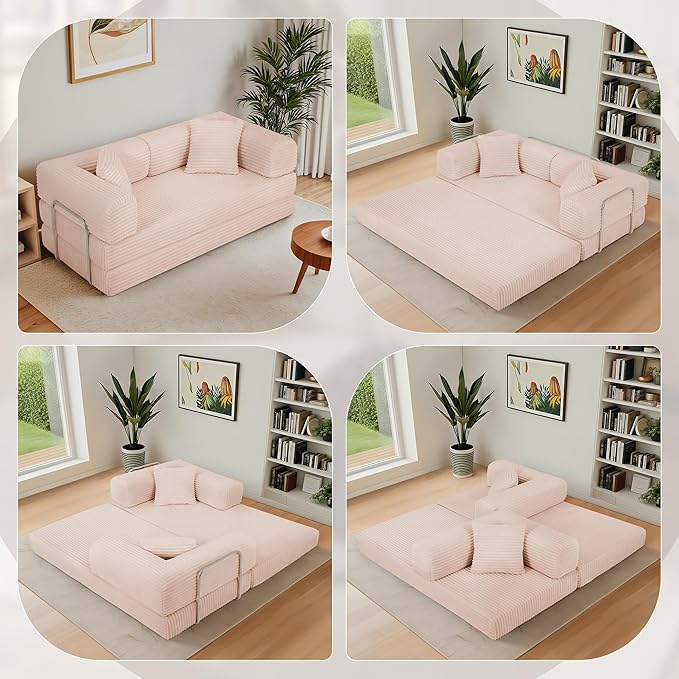 Eafurn 4-in-1 Convertible Folding Sofa Bed Boneless Loveseat Sofa in a Box - Foam Sleeper Couch with Fxied Frame, Modern Corduroy Upholstered Floor Couch & Fold Out Mattress | Breathable material, Fixed-shape Frame
