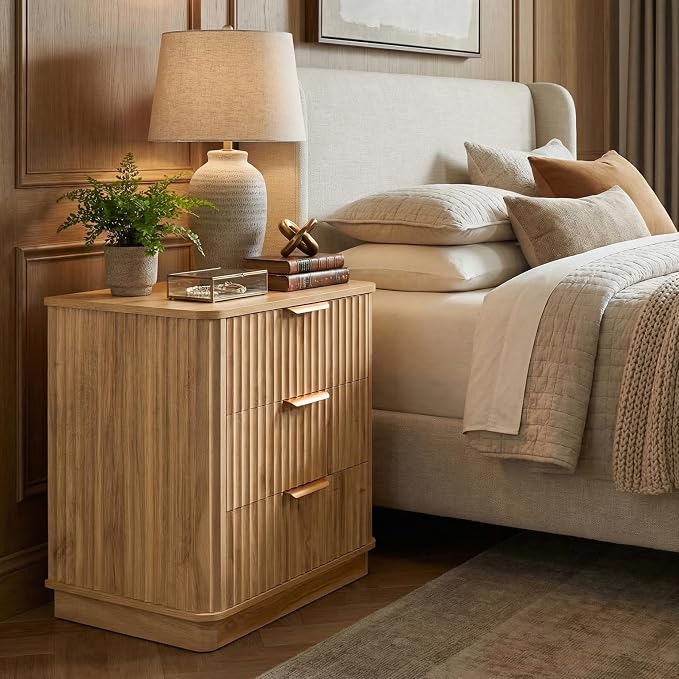 LYNCOHOME 23 inch Wide Fluted Nightstand with 3 Drawers, Modern Curved Bedside Table,Wood Night Stand with Storage,End Table for Bedroom & Living Room,Dresser for Bedroom Living Room,Natural,Oak - Image 7