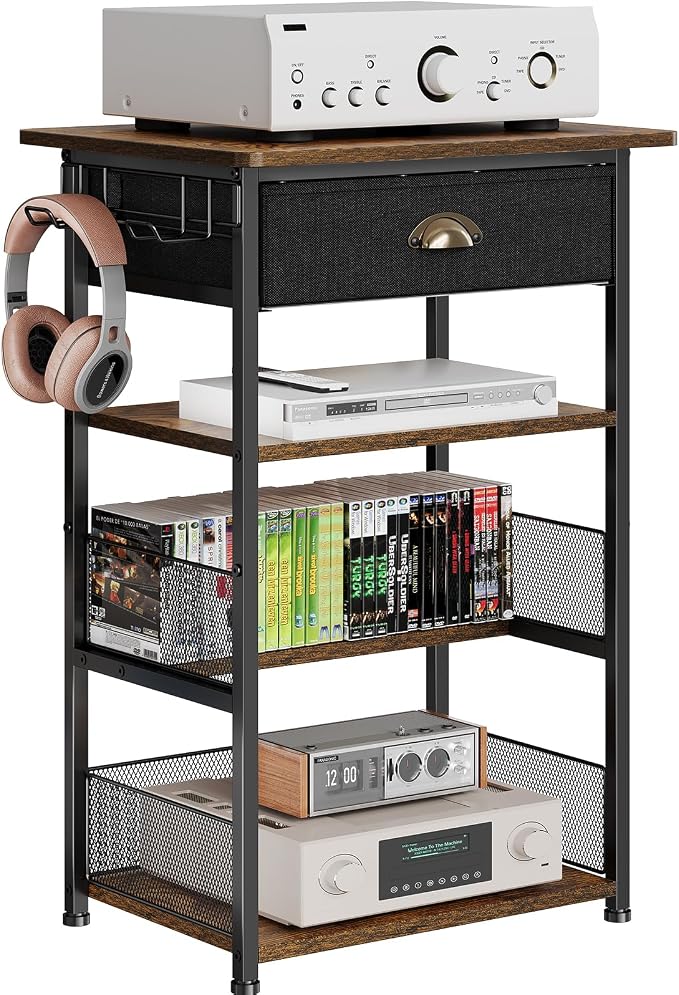 Hongtamoya 4-Tier AV Media Stand with Drawer, Video Game Console Shelf with 2 Hooks, Audio Rack Tower Perfect for/Xbox/ PS5/Switch/Game Consoles/DVD/Record Player/Projector/Sky Box/TV Accessories - Image 11
