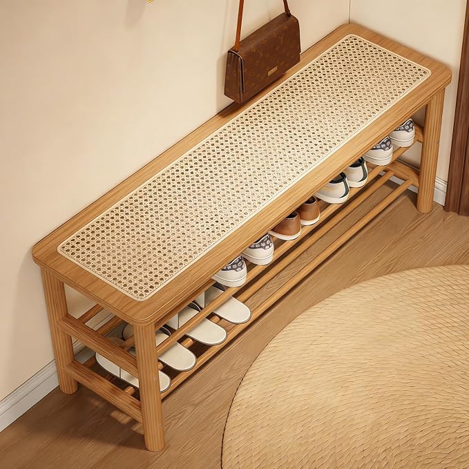 latifolia Shoe Rack Bench, 3-Tier Bamboo Shoe Bench with Breathable Rattan Seat Cushion, Shoe Storage Rack for Entryway(Nautre,39.70''L) - Image 7