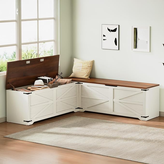 DWVO L-Shaped Storage Bench, 18" High Corner Dining Bench with Safety Hinges, Wooden Nook Chest for Living Room, Bedroom - Image 8