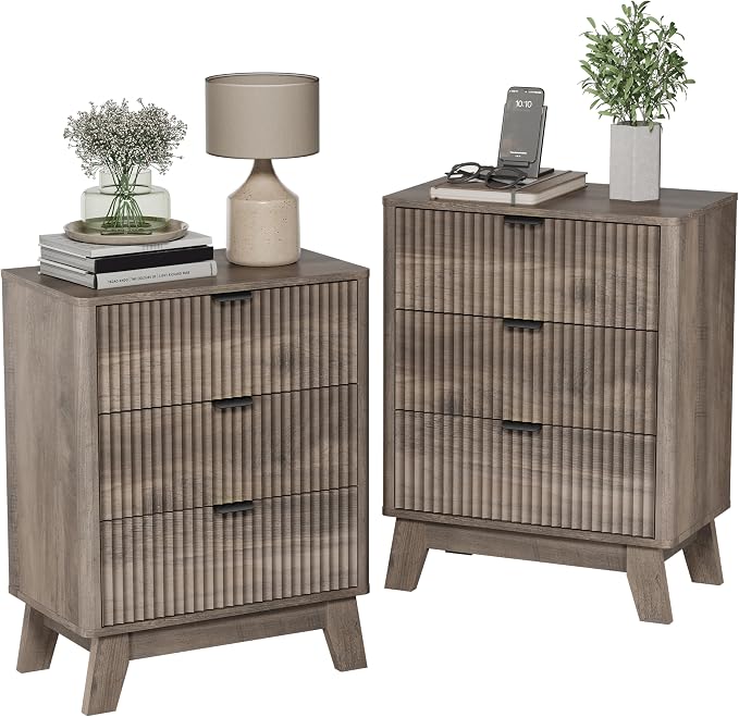 Wodeer Night Stands for Bedrooms Set of 2, Mid Century Modern Wood Bedroom Nightstand with 3 Drawers, Bedside Tables & End Tables with Metal Handles, Farmhouse Night Stands for Bedroom, Grey - Image 8