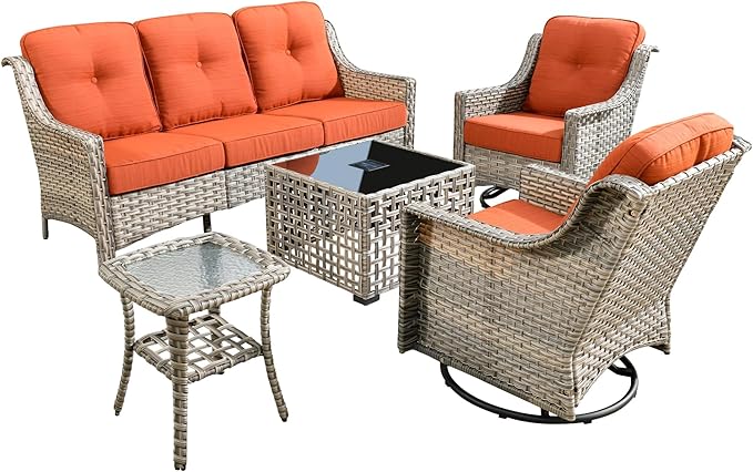 5 Pieces Patio Conversation Set,Wicker Swivel Rocking Chair and Coffee Table,All Weather Rattan Patio Furniture Set for Garden,Backyard,Poolside and Patio,Orange