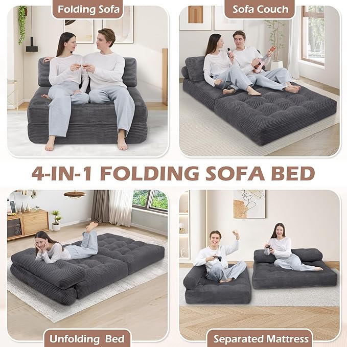 Folding Sofa Bed, Convertible Sleeper Chair with Pillow & Handle, Foldable Mattress Futon Chair Bed Lounge with Back Support, Comfy Floor Sofa for Living Room Bedroom, Grey, Full
