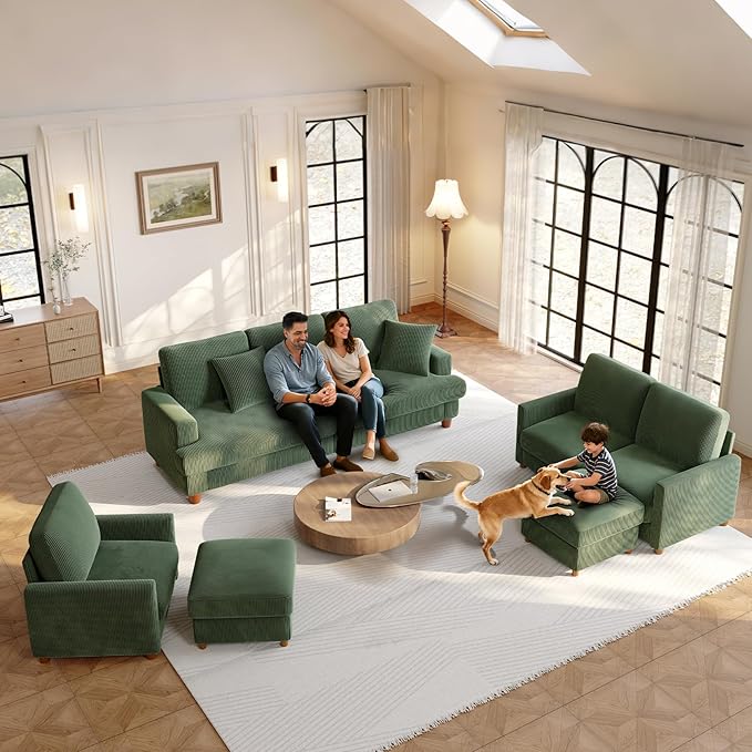 25.2" Couches for Living Room, Comfy Green Ottoman with Storage, Foot Rest Tool-Free Setup, Small Ottoman Foot Rest for Couch, Corduroy Couch for Bedroom, Apartment, Office