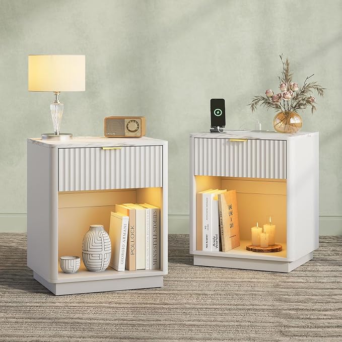 24” Tall Nightstand - Fluted Night Stand with Charging Station & LED Light Faux Marble Top Bedside Table with Curved Profile Design for Bedroom/ 1 Drawer, White - Image 7