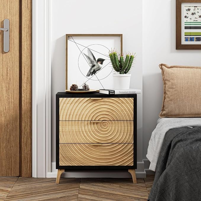 3-Drawer Farmhouse Dresser with Handcrafted Wood Ring Motif, Black Nightstand for Bedroom, Fully-Assembled, Rustic and Morden - Image 10