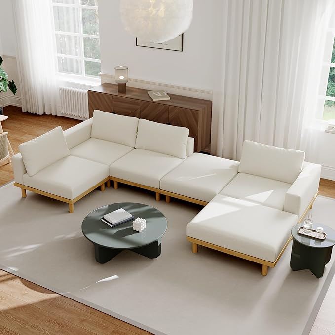 Acanva Minimalist Modular Sectional Sofa for Living Room, Wide & Deep Seat Convertible Furniture Set with Metal Frame and Movable Covers, Ottoman, Off White