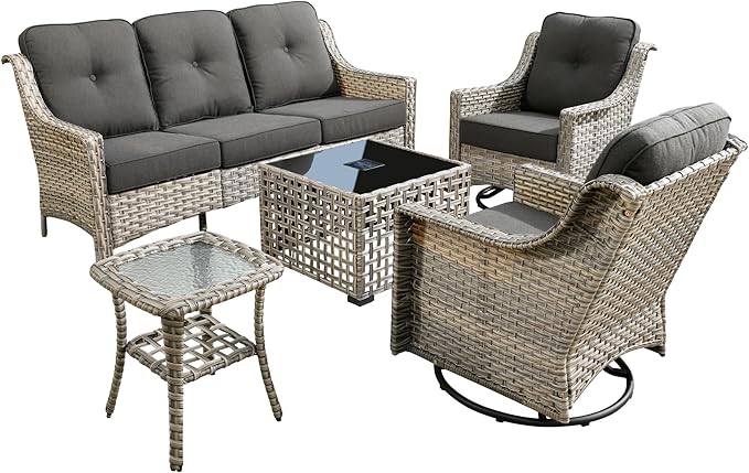 Patio Conversation Set,5 Pieces Wicker Patio Furnitures with Swivel Chair and Coffee Table,All Weather Patio Furniture Set for Garden,Backyard,Poolside and Patio,Black
