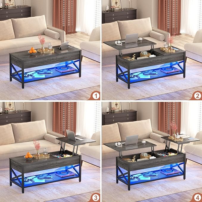 Coffee Table, Lift Top Coffee Table with Storage, LED Light & Power Outlet and Hidden Compartment, Retro Center Table for Living Room, X Support Wood Tabletop, Metal Frame, Black Oak