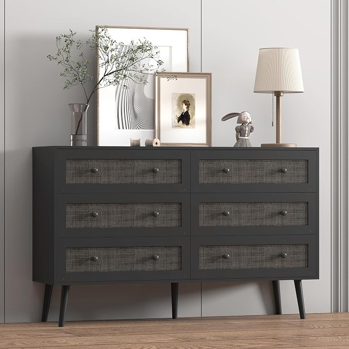 Dresser for Bedroom with 6 Drawer, Rattan Chest of Dressers, Wide Wood Double Dresser, Wooden TV Stand Closet Storage Furniture, Boho Small Clothes Organizer for Hallway, Living Room, Entryway, Black - Image 8