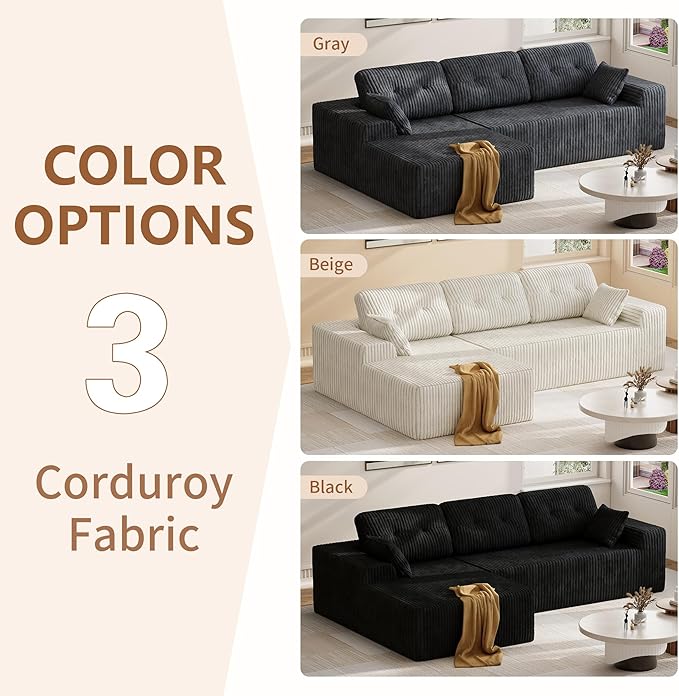 Ball & Cast 106" Cloud Modular Sectional Sofa, Boneless Corduroy Couch with Deep Seat, Comfy L-Shaped Sectional, Modern Upholstered Sofa for Living Room, No Assembly (Gray, Left Facing Chaise)