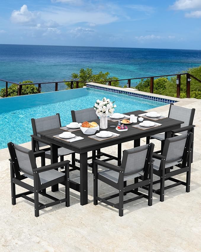 SERWALL Patio Dining Sets for 6, Outdoor HDPE Dining Set with Umbrella Hole Cut-Out Table and 6 Woven Chairs, Black - Image 7