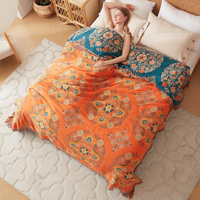 Boho Throw Blanket for Bed 100% Cotton Soft Lightweight Quilt Floral Embroidery Home Decor Spring Breathable Bed Blankets,60"x80" Twin All Season Reversible Blankets for Sofa Couch Chair