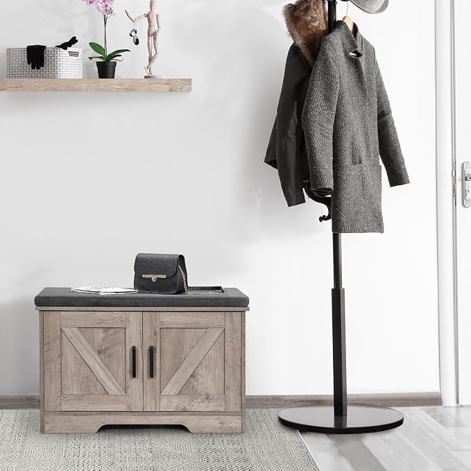 HOMSHO 2-Tier Storage Bench, 27.6" Wide Shoe Bench with Padded Seat Cushion, Entryway Bench with 2 Barn Doors and Adjustable Shelf, Greige - Image 8
