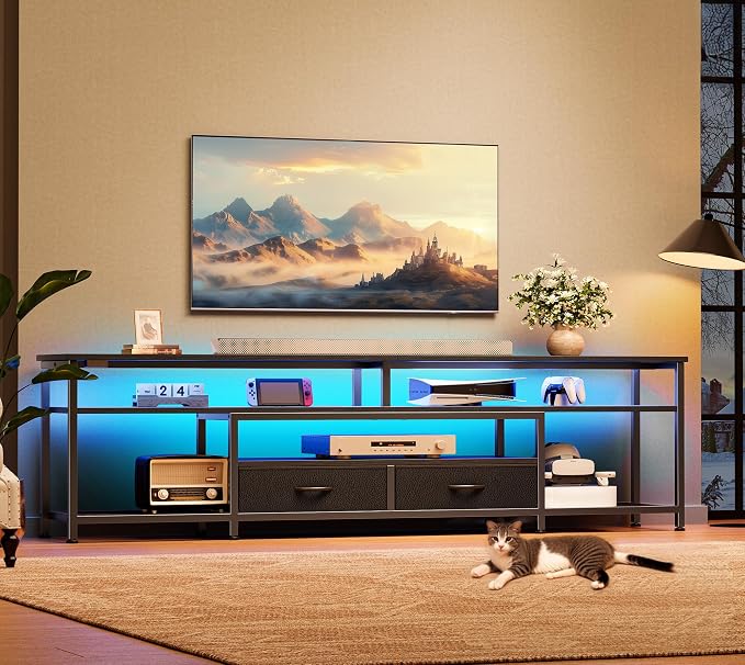 Huuger TV Stand for 75 80 Inch TV, Entertainment Center with Power Outlets and LED Lights, 70.9 Inch TV Console for Living Room, Media Console with Drawers and Shelves, Black - Image 8