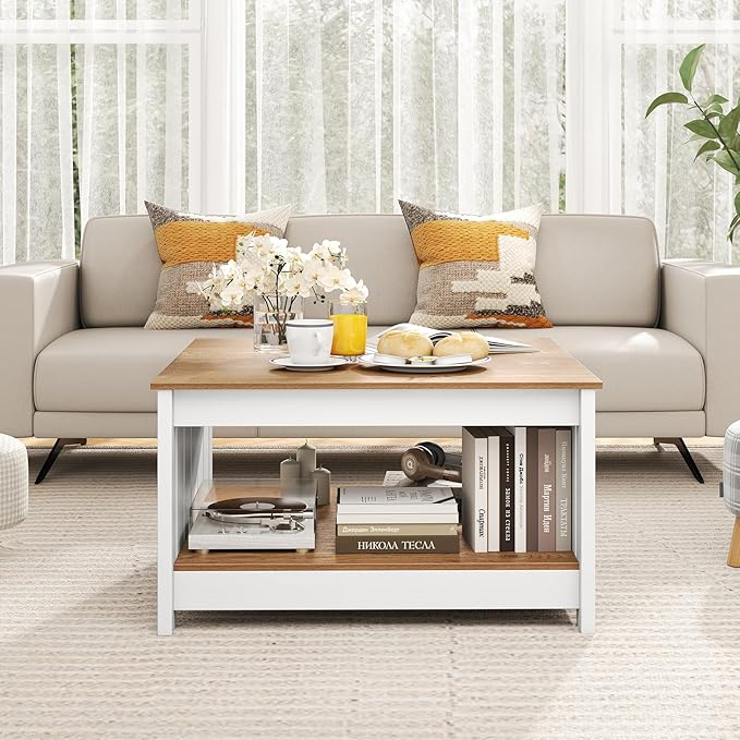 Giantex Farmhouse Coffee Table, 31.5 Inch Square Wood Coffee Table with Storage Shelf, 2-Tier Vintage Center Table with Open Compartment, Rustic Living Room Table for Home Office, Natural