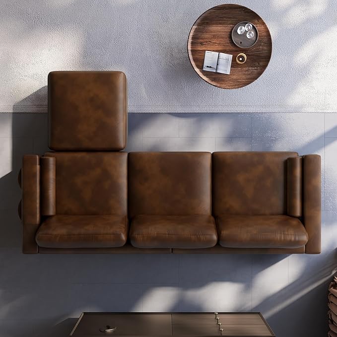 Vesgantti 100" L Shaped PU Faux Leather Sofa with Movable Ottoman, 3 Seater Leather Sectional Couch with Side Pocket, Comfy Modern Modular Couch for Living Room, Apartment, Cocoa