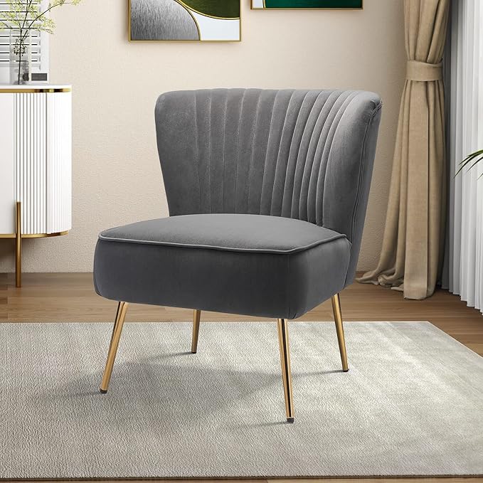 HULALA HOME Velvet Accent Chair, Modern Upholstered Cute Side Chair with Gold Metal Legs, Armless Wingback Slipper Chair Comfy Living Room Chair for Bedroom Guest Room Vanity, Grey